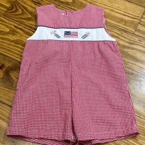 Petit Ami 12 Months Patriotic Fireworks Embroidered Red Gingham Bubble Romper